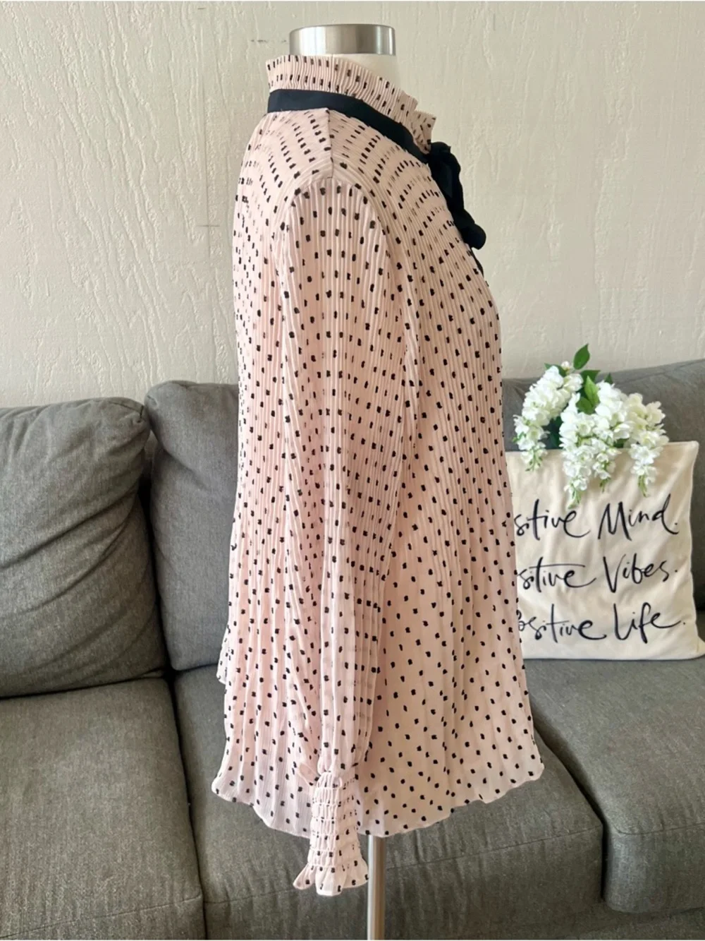 Max Studio Beige Swiss Dot Tie-Neck Blouse - Picture 8 of 13